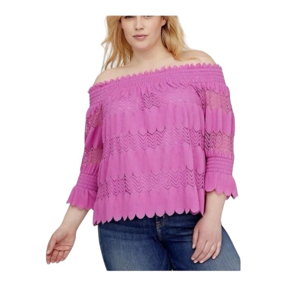 Lane Bryant Pink Smocked Off The Shoulder Pleated Top - Picture 1 of 6